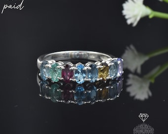 Rainbow Multi-Gemstone Sterling Silver Band Ring: Colorful Stacking Jewelry