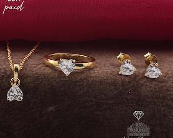 Conjunto de joyas de moissanita con corte de corazón: anillo, pendientes y collar con colgante chapados en oro