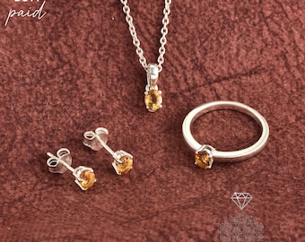 Citrin Silber Schmuckset – Ovaler Gelber Citrin Anhänger, Ring & Ohrstecker in 925 Sterling Silber