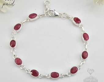 Ruby Oval Gemstone Bracelet in Sterling Silver • Handmade July Birthstone Jewelry • Dainty Adjustable Chain Bracelet for Women