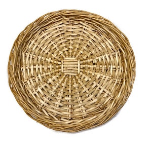 May include: A round woven wicker charger plate with a natural brown color.