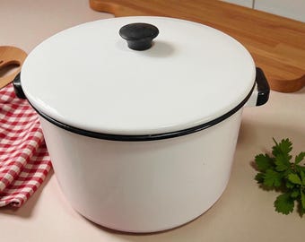 Vintage Enamelware Stock Pot with Lid: White & Black Trim, Farmhouse Decor