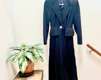 Black Maxi Dress/Coat with Pleated Skirt, Padded Shoulders & One-Button Faux Jacket, Vintage 1970s Tailor Made Size Small