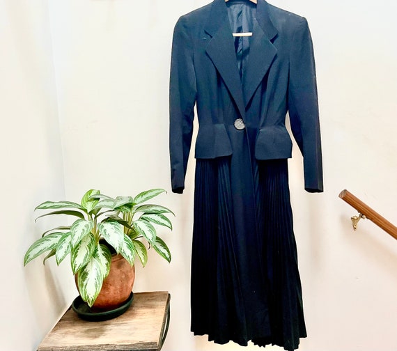 Black Maxi Dress/Coat with Pleated Skirt, Padded … - image 1