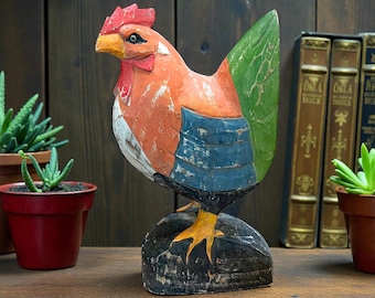 Hand Carved Wooden Rooster, Vintage 15.5” Folk Art Wood Sculpture