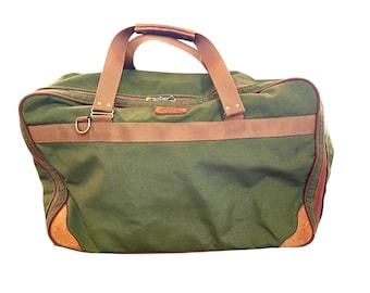 Vintage Collapsible Suitcase, Andiamo Green Canvas Soft Fabric Luggage with Leather Grips & Brass Fittings