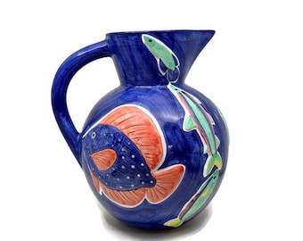 Hand Painted Italian Ceramic Pitcher: Vintage Fish Art Pottery Vase