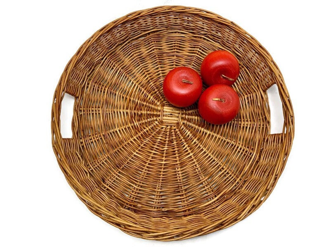 Round Vintage Wicker Tray With Handles 17 Serving or Etsy