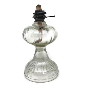 Glass Oil Lamp with Pedestal Base, Antique Eagle Kerosene Table Lantern, Clear Glass Stamped, Country  Farmhouse Lighting, Home Decor