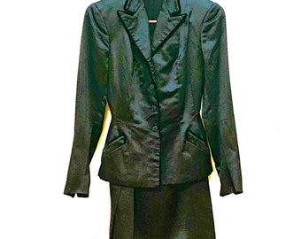 Black Satin Suit with Velvet Piping & Silk Lining, Women’s Size Small Vintage 70s Tailor Made Jacket and Skirt