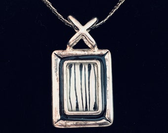 Sterling Silver Pendant Necklace with Black & White Zebra Stone, Vintage Mid Century Modern Jewelry