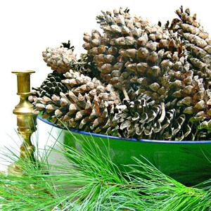 May include: A green enamel bowl filled with pine cones, surrounded by pine branches and brass candle holders.