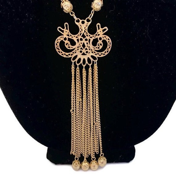 Gold Tassel Necklace, Vintage 1970s Multi-strand … - image 2