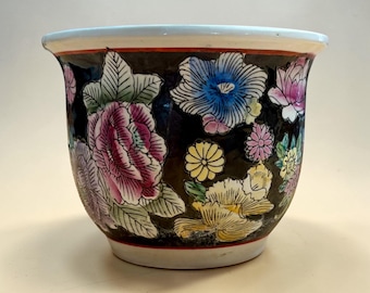 Hand Painted Chinese Porcelain Jardiniere: Floral Embossed Vintage Planter, Flower Pot