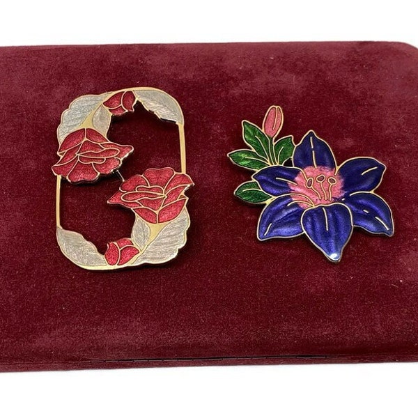 Pair of Cloisonné Enamel Brooches, Vintage Floral Pins with Open Work Signed Fish & Crown, Art Nouveau Style Champleve, 22K gold