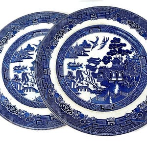Blue Willow Dinner Plates, Set of 2 Vintage Johnson Bothers Made in England, Genuine Hand Engraved Flow Blue Transferware