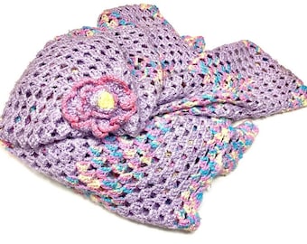 Hand Crocheted Baby Blanket, Soft Pastel Colors with Rosette, 47" x 47," gift for baby shower
