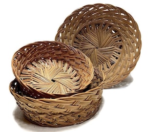 3 Woven Willow Baskets, Vintage Wicker Fruit Storage Bread Baskets, Farmhouse Country Decor, Wall Art