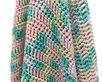 Crocheted Baby Blanket, Vintage Handmade Throw, 51" x 50," Baby Shower Gift in Soft Pastel Colors, Baby Crib Blanket