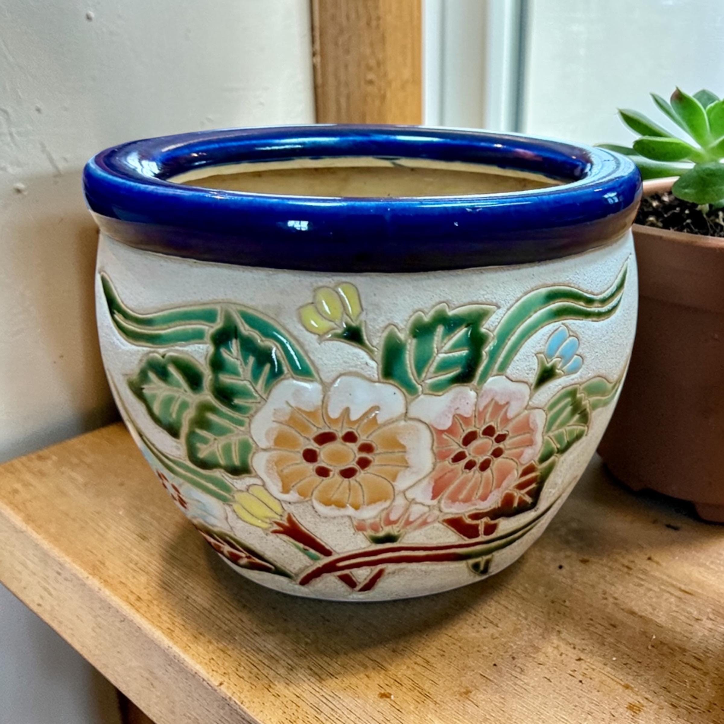 Vintage Floral Embossed Ceramic Planter - Etsy