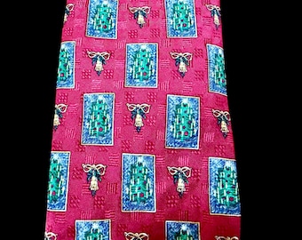 Vintage Cape Cod Christmas Silk Necktie: Patterned Red, Green, Gold, Black, Made in USA