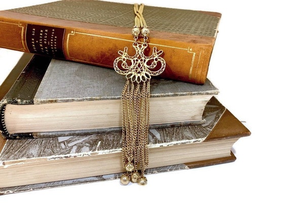 Gold Tassel Necklace, Vintage 1970s Multi-strand … - image 6