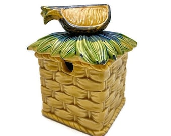 Pottery Honey Pot with Pineapple Top and Butterscotch Basketweave, Vintage Majolica Storage Container, Kitchen Decor