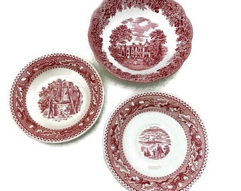 English Transferware, Set of 3 Vintage Red Staffordshire Ironstone, Mismatched China Made in England