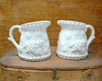 Grape Embossed White Pitchers, Set of 2 Vintage Napcoware Ceramic Creamers, Wedding Decor, Modern Farmhouse