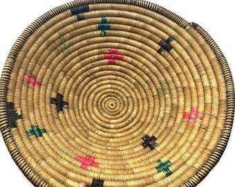 Seagrass Basket, Vintage Large Colorful Tribal Coiled Basket Bowl