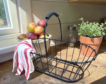 Large Vintage Black Metal French Gathering Basket with Handle