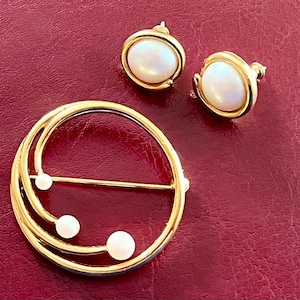 Monet Brooch & Earrings, Signed Vintage Faux Pearl and Gold Designer Jewelry