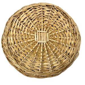 May include: A round, woven wicker basket with a natural brown color. The basket is made of tightly woven strips of wicker, creating a smooth, even surface.