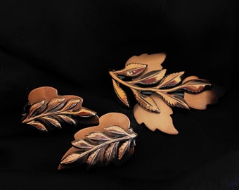 Copper Brooch & Earrings, Vintage Signed Renoir Hand Crafted Demi-Parure, Leaf Design, DesignerJewelry, Gift for Her