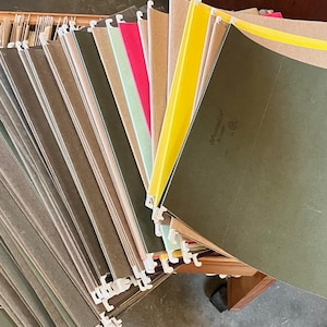 75 Hanging File Folders, Letter Size 9”x12”, 25 Multiple Colors, 50 Vintage Pentaflex, Oxford, Staples in Olive or Brown