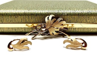 Van Dell Brooch & Earrings in Original Box, 12K Gold, Vintage B. I. Seckel Co. Jewelers, NYC, Demi Parure