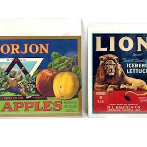 Vintage Crate Labels Ready to Frame from Fruit and Vegetable Crates, Set of 2, Farmhouse & Country Kitchen Decor