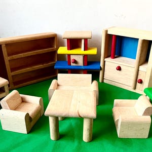 9 Piece Set of Wood Doll House Furniture, Vintage Wooden Miniature Chairs, Couch, Table, Armoire and Bookcases