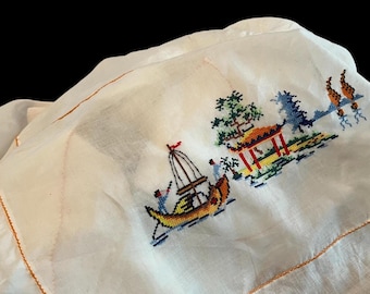 Vintage Asian Linen Embroidered Tablecloth 50" x 49": Cross Stitch with Boats, Pagodas