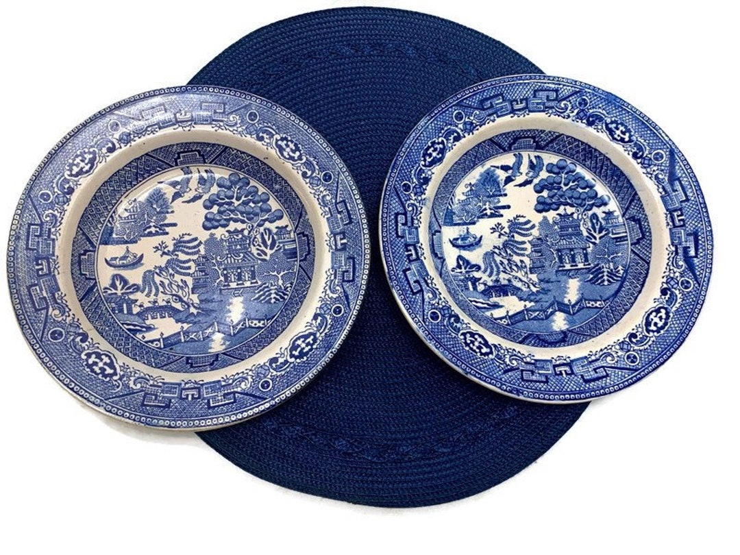 Blue Willow Pasta Bowls, Antique Flow Blue Transferware, Blue & White