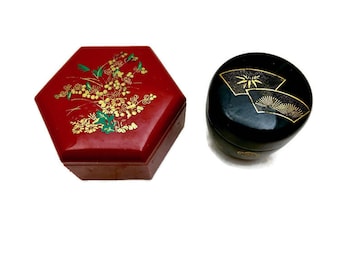 Asian Trinket Boxes, 3 Red Floral Plastic Stackable Containers and 1 Black & Gold Ring Box, Vintage Jewelry Storage