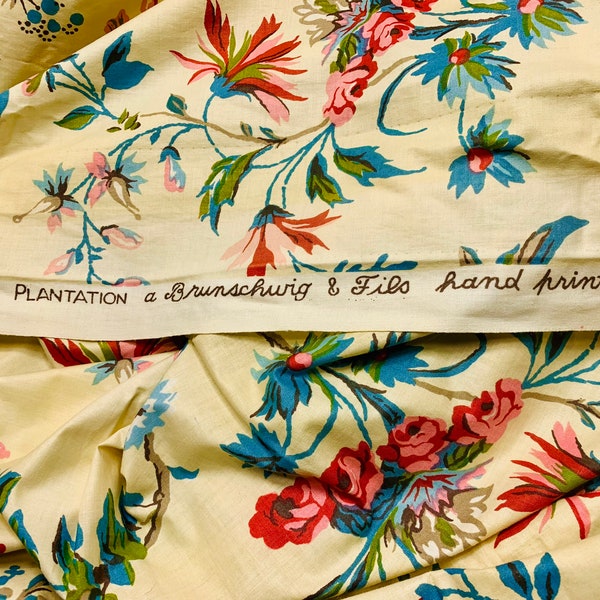 Brunschwig & Fils Vintage Fabric, 7 Small Remnants ranging from  43”x17.5” to 43”x4”, Hand Printed Locklin Plantation, Cotton Linen Floral