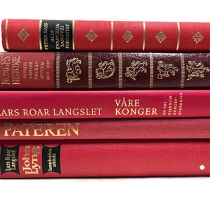 Norwegian Books, Set of 5 Red Vintage Hardcover Books with Gold Lettering, Book Decor, Book Stack, Photo Prop