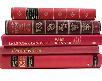 Norwegian Books, Set of 5 Red Vintage Hardcover Books with Gold Lettering, Book Decor, Book Stack, Photo Prop