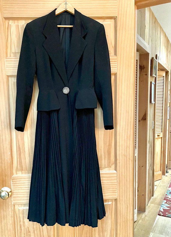 Black Maxi Dress/Coat with Pleated Skirt, Padded … - image 3
