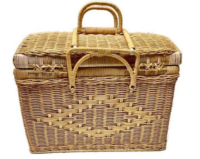 Large Wicker Rattan Picnic Sewing Basket with Folding Handles Etsy