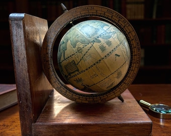 Vintage Rotating Old World Map Globe Bookend on Mahogany Wood Stand