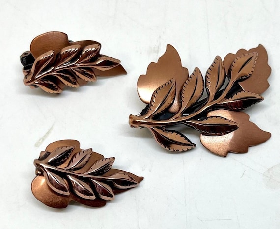 Vintage Renoir Copper Leaf Brooch and Earrings De… - image 1