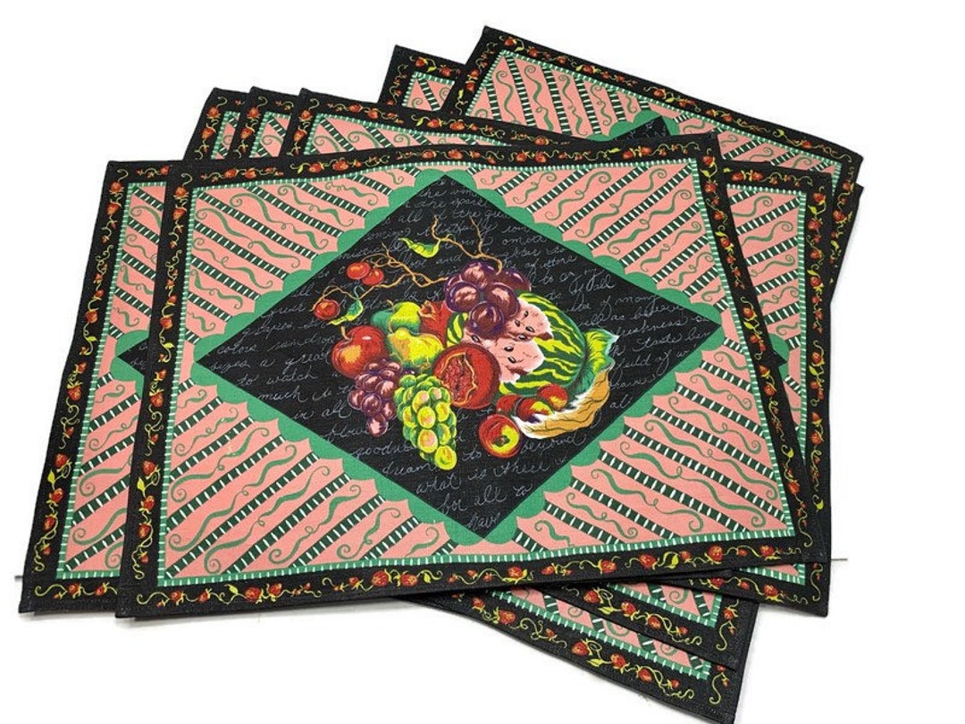 8 Linen Cotton Placemats Vintage Colorful Rustic Fruit Etsy