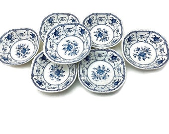 Indies Blue Bowls, Vintage Set of 7 Hand Engraved Staffordshire Dinnerware, Blue Flowers and Birds Design, Made in England